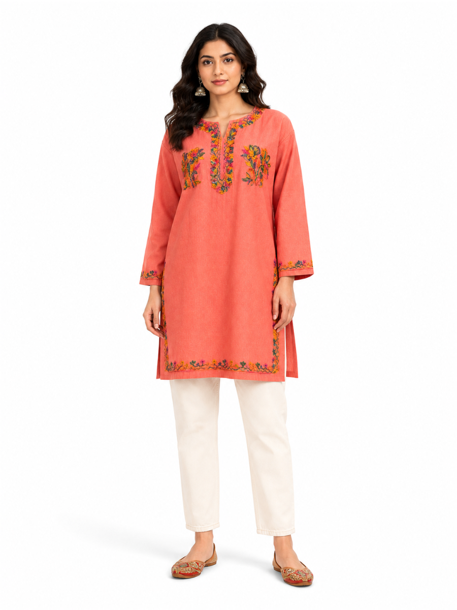 Noor : Aari embroidery summer kurti | Rose Pink